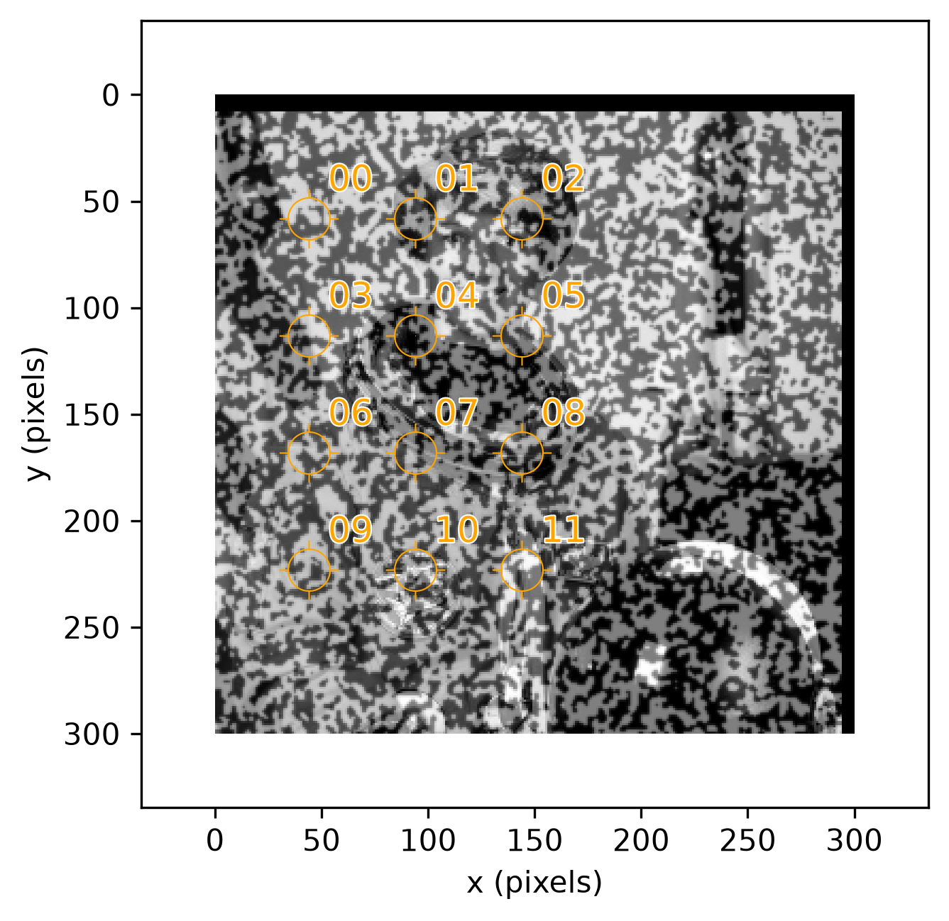 current image astronaut0 shifted by (-6, 8) pixels, with the 12 found points overlaid in orange at their new positions, still labeled 00 through 11