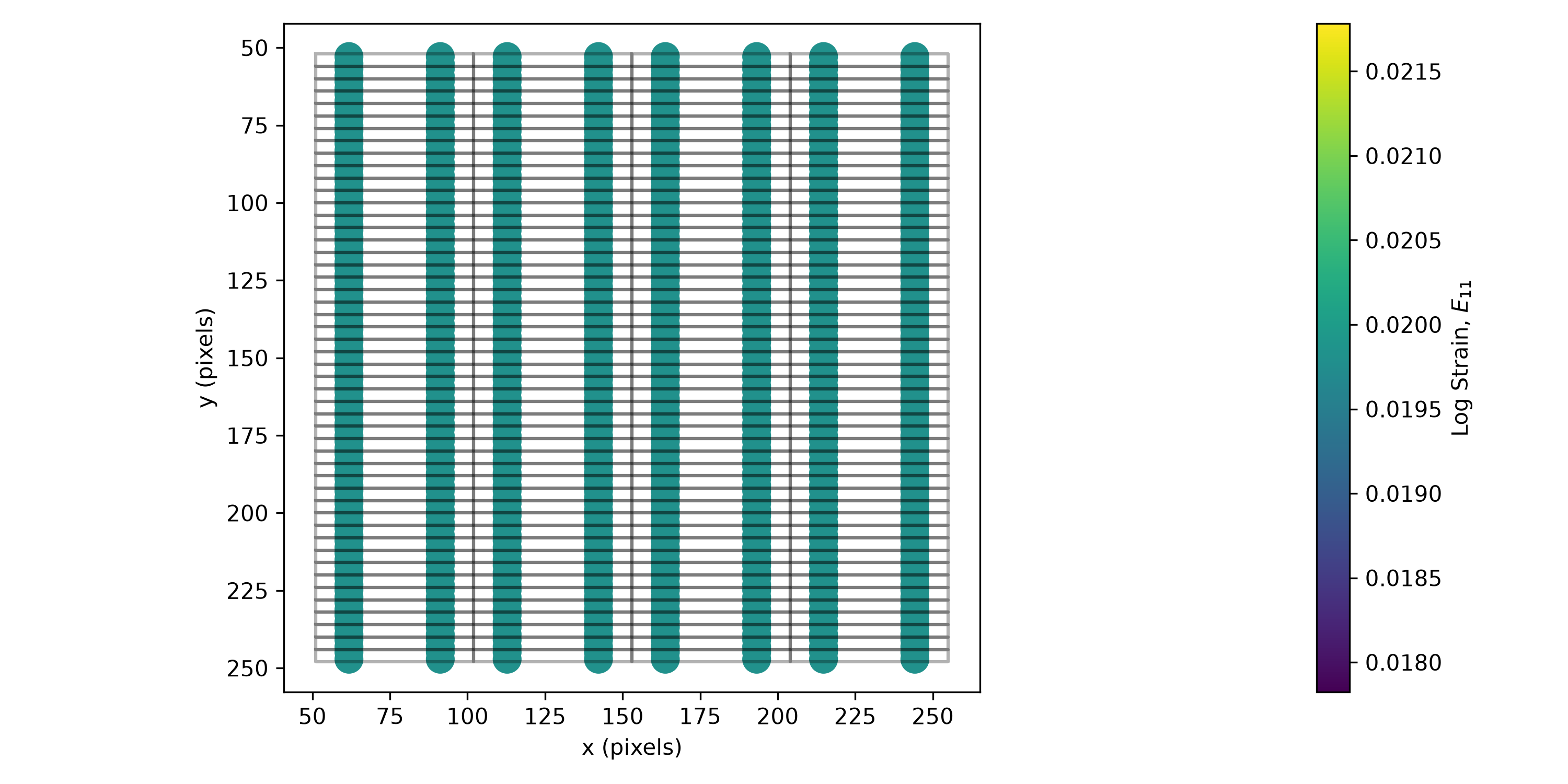 a much denser 5x50 mesh with 4 Gauss points per element, colored by log strain E11, no node numbers, no background image